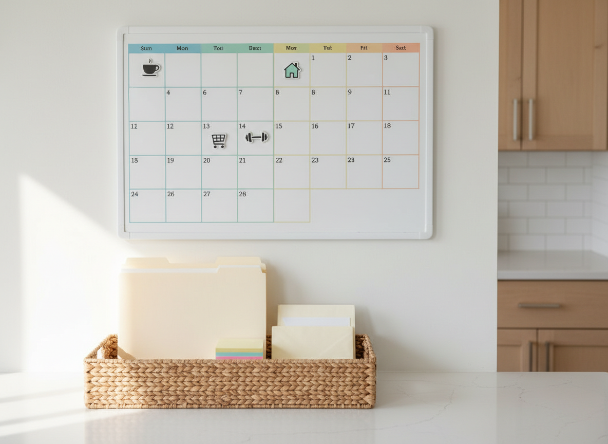 A bright, uncluttered kitchen command center featuring a large magnetic whiteboard calendar filled with colorful, empty boxes and simple icon-like magnets instead of written notes. Below it, a shallow woven basket neatly holds plain manila folders, blank sticky note pads, and a few labeled-free envelopes, all aligned in tidy rows. Soft morning light filters through an unseen window, creating gentle reflections on the whiteboard surface and soft shadows along the countertop. Photographic realism at an eye-level angle, with the calendar placed on the upper third of the frame and the basket on the lower third, evoking a playful yet organized, everyday-home mood.
