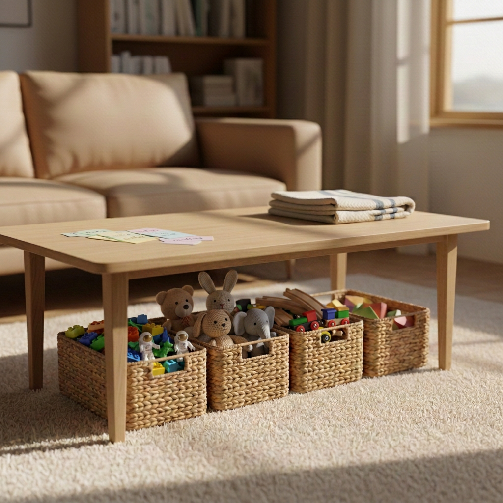 A cozy living room scene centered on a low, light-wood coffee table with several clear plastic storage bins neatly organized underneath, each filled with colorful but generic toy shapes without faces or branding. On top of the table sits a small stack of plain, pastel-colored storage labels without text and a simple, folded cotton blanket. Warm afternoon sunlight pours in from the side, casting long, soft shadows across a fluffy neutral rug. Shot from a slightly elevated perspective in photographic realism, the composition uses a shallow depth of field to keep the table and bins crisp while the sofa and bookshelf in the background blur into a calm, playful atmosphere.